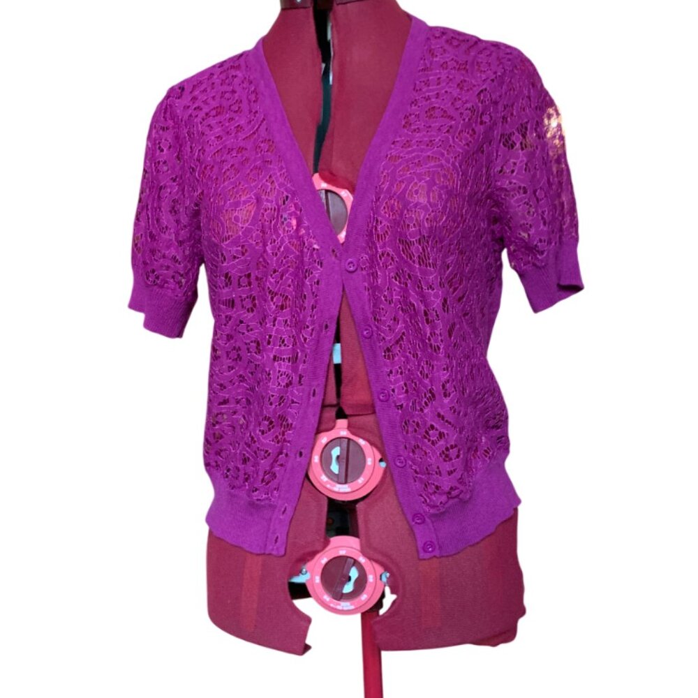 JESSICA - Magenta short-sleeved cardigan - open lace knit fabric - Medium